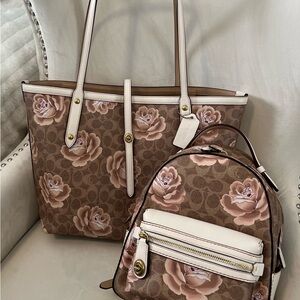 Coach Brown Floral Tote and Backpack Set